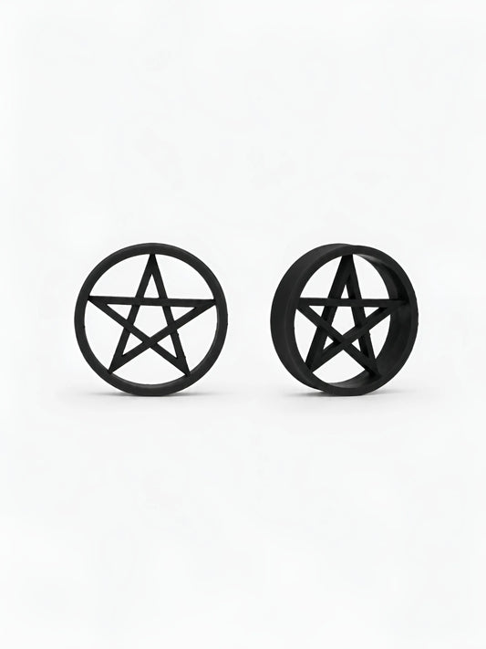 Pair of black Pentacle double flared ear tunnels on a white background
