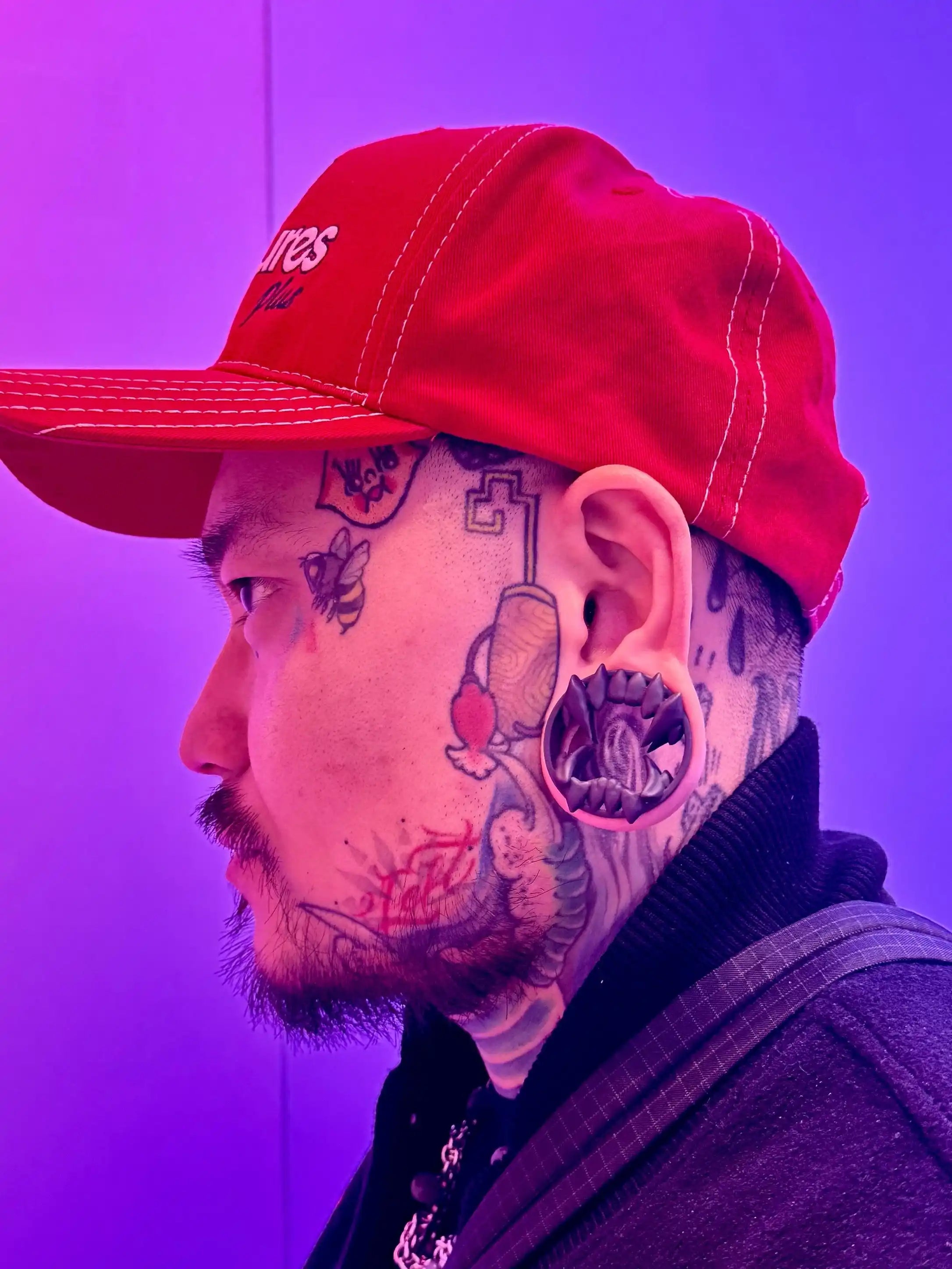 Beast double flared ear tunnels worn in side profile